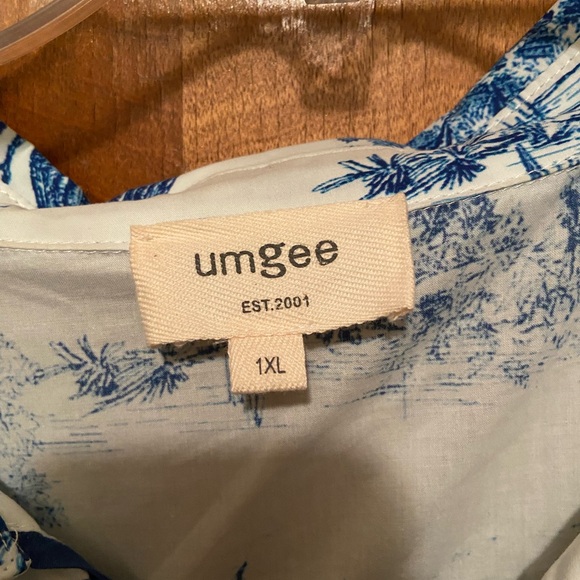 Plus Size Umgee Blue and White Toile Print Tiered Dress - Picture 4 of 6